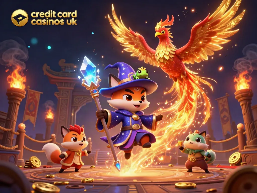 Experience the thrill of credit card casinos UK with a mystical wizard fox and a fiery phoenix in an enchanting digital landscape.