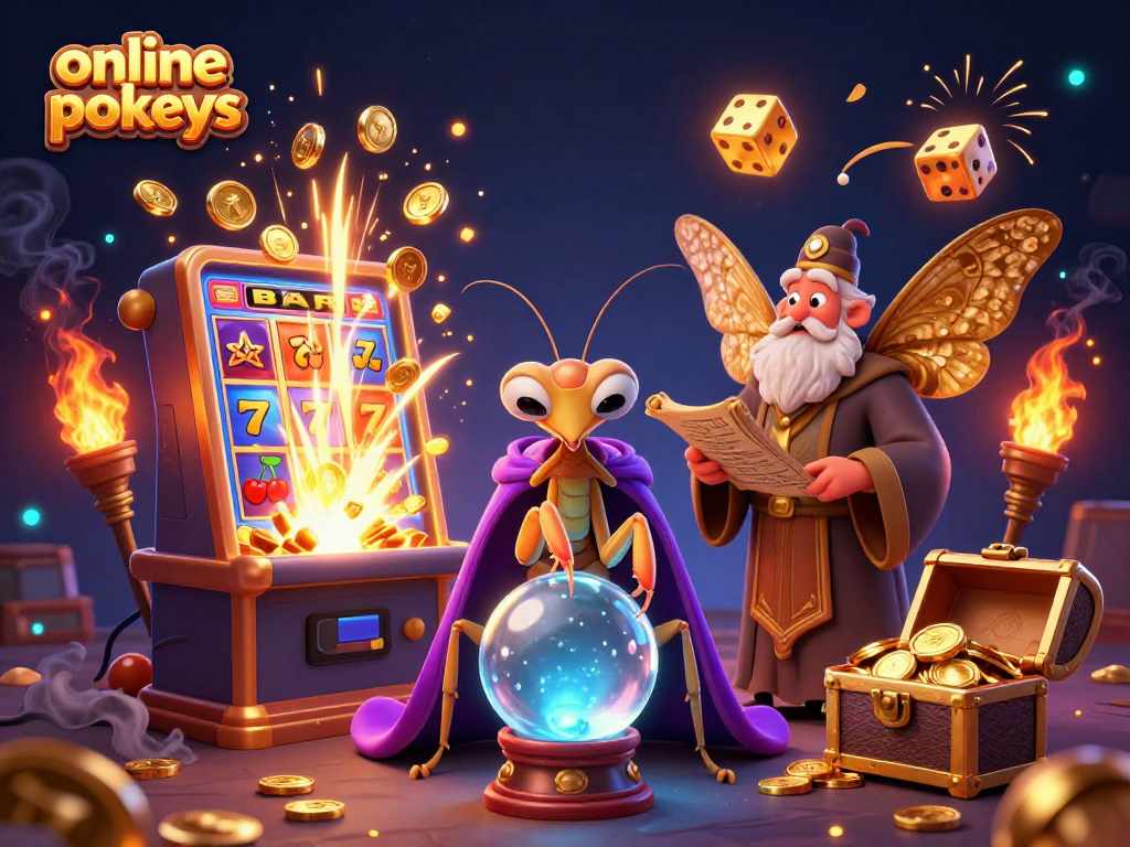 Engage with exciting online pokies featuring vibrant slot games and dynamic characters in a magical scene.