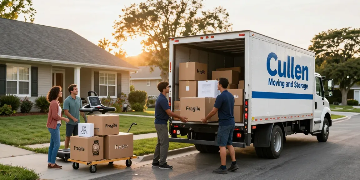 Cullen moving and storage team loading boxes carefully into moving truck in suburban setting.