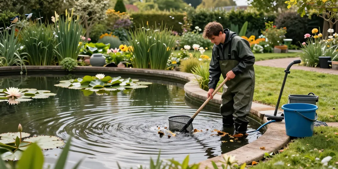 Professional Pond Cleaning Kent service, technician cleaning a serene garden pond amid lush greenery and water lilies.