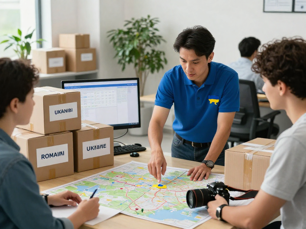 Hilfstransport von Dortmund koordinieren, professioneller Logistikmitarbeiter mit Mappe und Computer im modernen Büro