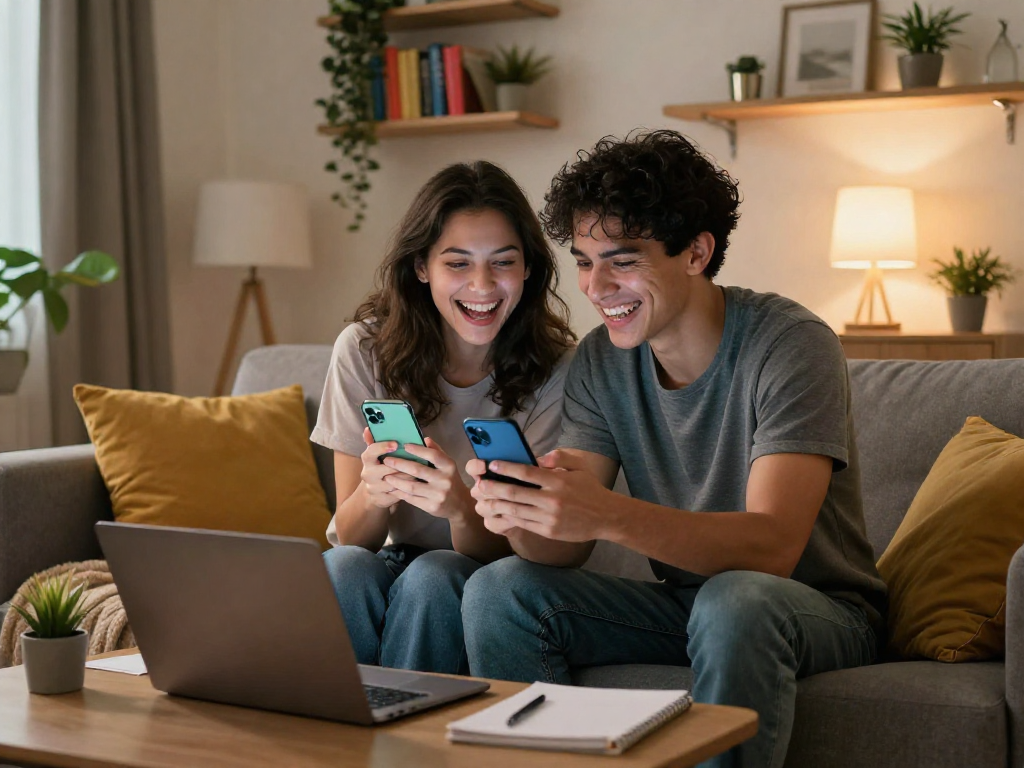 Young couple enjoying sexting AI interactions on their smartphones