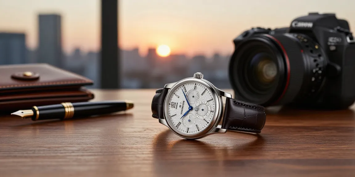 Stunning replica watch on a polished wooden table showcasing luxury and elegance.