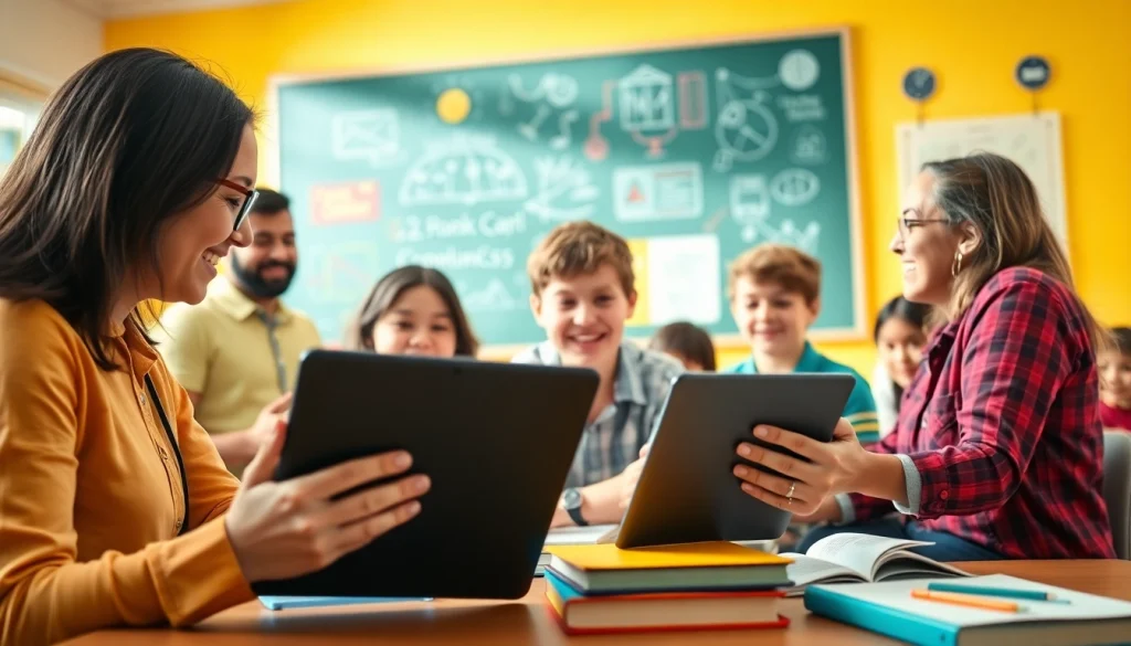 Education-focused classroom scene featuring interactive learning tools and engaged students.