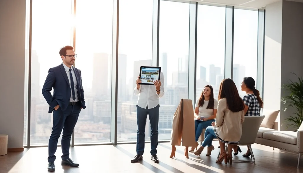 Real Estate agent showcasing properties in a modern office with city skyline views.