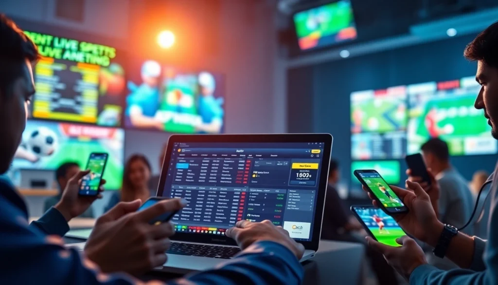 Engaging individuals using sports betting sites India on laptops and mobile apps amid vibrant visuals.