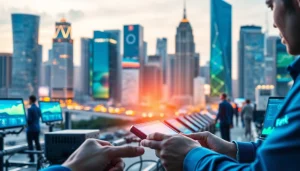 Showcasing technology advancements with urban skyline and modern gadgets depicting innovation.