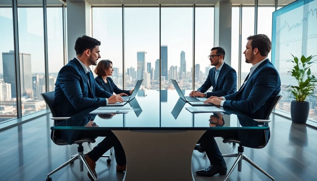 Investment management San Antonio experts collaborating in a modern office setting with financial displays.