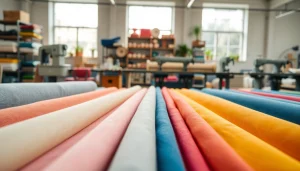 Katoen stof met rijke texturen en levendige kleuren in een naaiatelier.