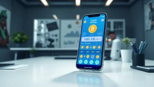 Engaging interface of a crypto mining app on a smartphone in a modern workspace.