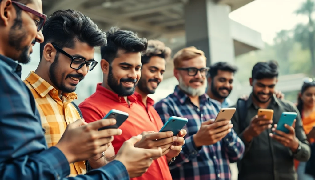 Bettors engaging with sports betting sites India on mobile devices in an energetic atmosphere.