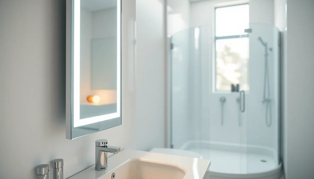 Admire the elegance of Sirhona France's LED mirror showcased in a modern bathroom setup.