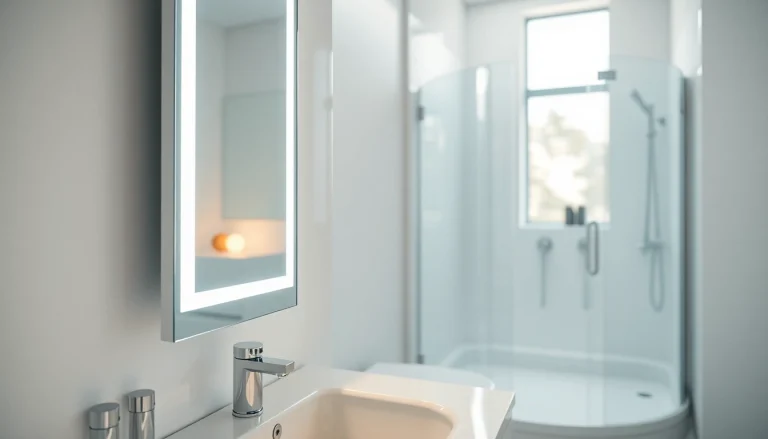 Admire the elegance of Sirhona France's LED mirror showcased in a modern bathroom setup.