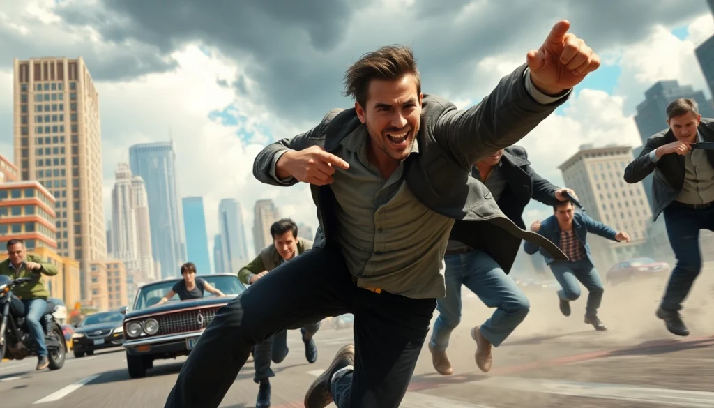 Adventurous scene from Politics Thieves and Bullets featuring a thrilling chase in a vibrant city.