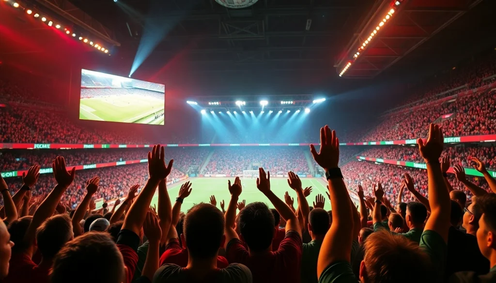 축구중계하는 생중계 장면에서 열정적인 팬들이 환호하는 모습