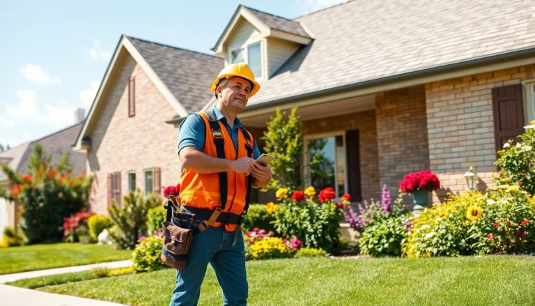 Showcasing reliable roofing services, a professional inspecting a home with safety gear in a vibrant neighborhood.
