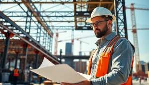 New York City Commercial General Contractor overseeing construction project with blueprints.