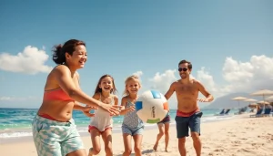 Cabo family activities include a fun beach volleyball game with the family enjoying quality time together.