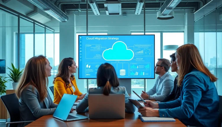 Team discussing Cloud Migration Services in a modern office, showcasing innovative technology solutions.