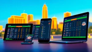 Engaging overview of sports betting sites California with vibrant digital interfaces and an urban backdrop.