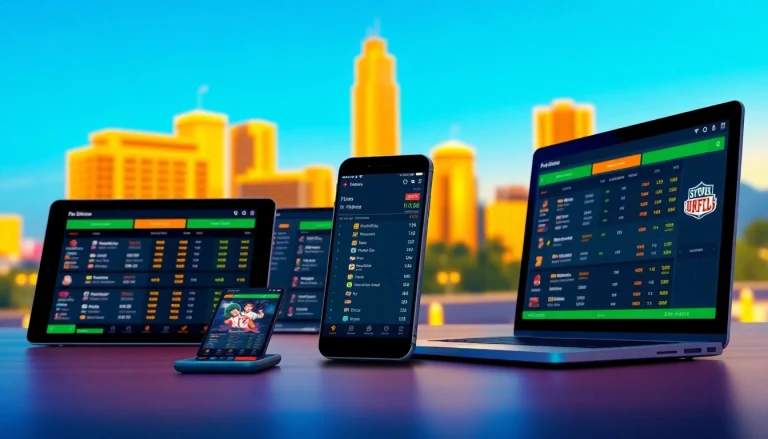 Engaging overview of sports betting sites California with vibrant digital interfaces and an urban backdrop.