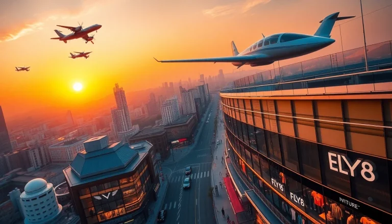 FLY88-inspired aviation fashion scene with modern aircraft and city.