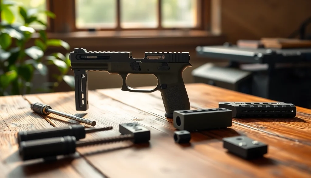 Assembling the glock 19 pf940c compact pistol frame kit with tools on a wooden table.