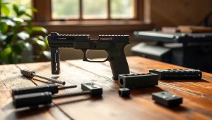 Assembling the glock 19 pf940c compact pistol frame kit with tools on a wooden table.