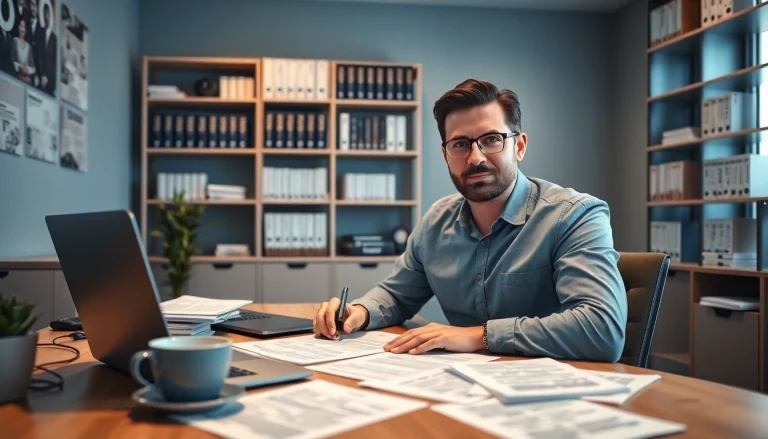 Professional translator working on documents as a traducător autorizat in a modern office.