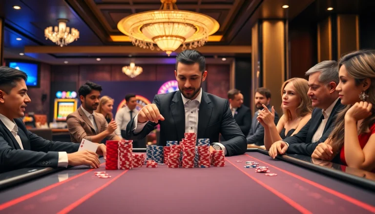 Engage in a high-stakes game at a luxurious casino table at https://thabets.it.com/, featuring professional dealers and vibrant chips.