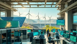 AI-driven bitcoin cloud mining facility integrating renewable energy sources for sustainable operations.