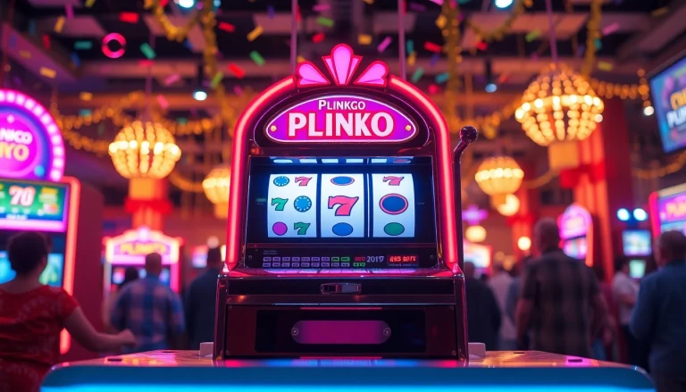 Mainan plinko slot yang menarik ditampilkan dengan warna cerah dan suasana kasino yang seru.
