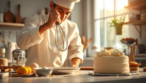 Mousseline cream being crafted by a pastry chef in a bright kitchen with elegant pastries.