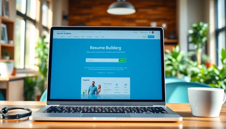 Create a standout Resume Builder in a modern workspace with a laptop and coffee.