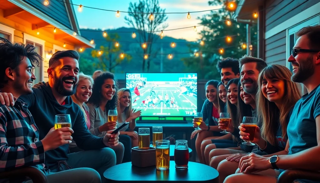 Friends enjoying sports betting sites Georgia with excitement and drinks in a lively backyard scene.
