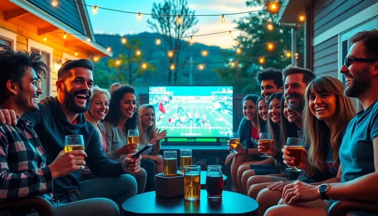 Friends enjoying sports betting sites Georgia with excitement and drinks in a lively backyard scene.
