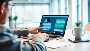 在现代办公室中使用 WhatsApp Web 进行动态互动，展示消息功能。