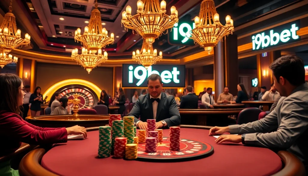 Engage in a thrilling poker game at i9bet's luxurious table, showcasing excitement and strategy.