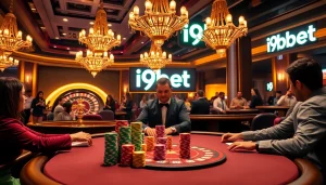 Engage in a thrilling poker game at i9bet's luxurious table, showcasing excitement and strategy.