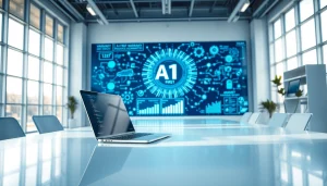 Showcase an AI first warranty company enhancing business efficiency in a modern office environment.