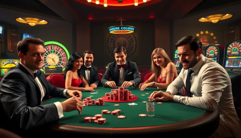 Adegan poker penuh aksi yang menonjolkan keseruan permainan Depo 5k dengan chip berwarna-warni dan kartu.