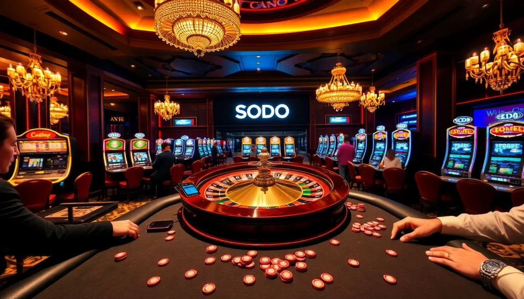 SODO Casino players engaged in high-stakes betting at a roulette table surrounded by luxurious decor.