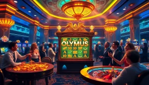 Rasakan pengalaman bermain yang mendebarkan dengan Olympus Slot yang menampilkan lampu berwarna-warni dan pemain yang antusias.
