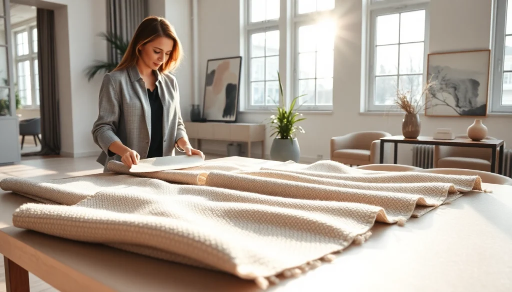 Selecting bouclé stoffen samples in a modern studio with stylish design.