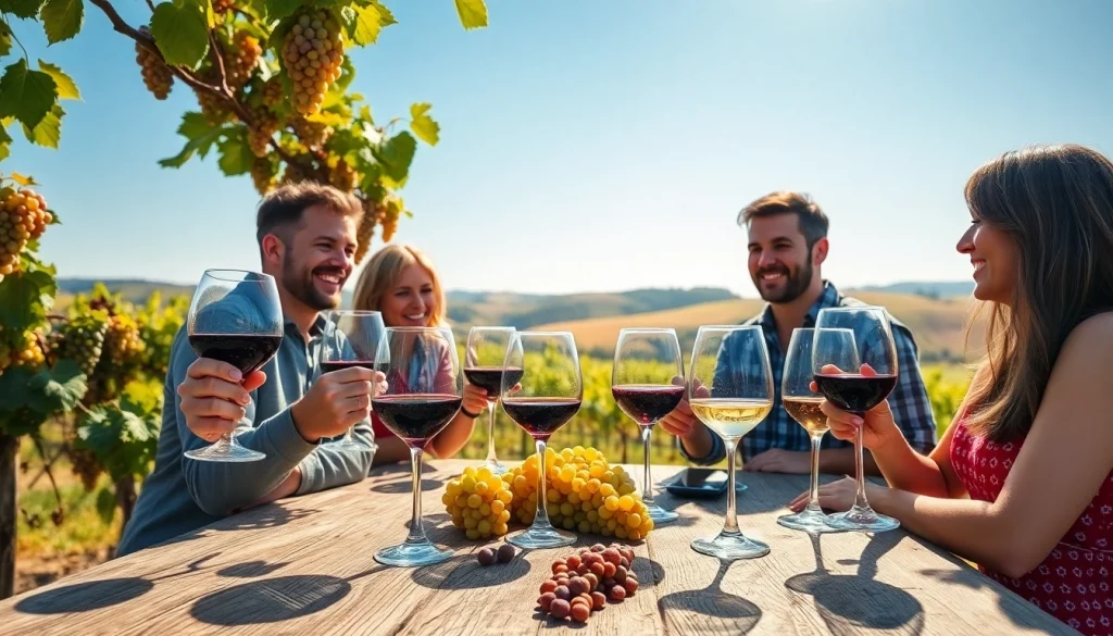 Friends celebrating Winery Membership with wine in a picturesque vineyard setting.