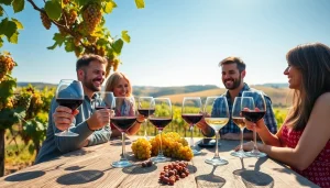 Friends celebrating Winery Membership with wine in a picturesque vineyard setting.