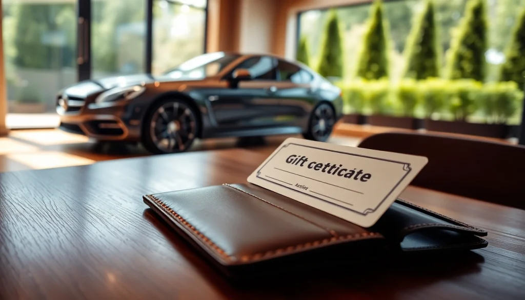 Illustration of a car detailing gift certificate on a luxurious table, symbolizing thoughtful gifting.