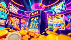 Exciting action at a gg88 slot machine in a vibrant online casino setting with colorful lights.