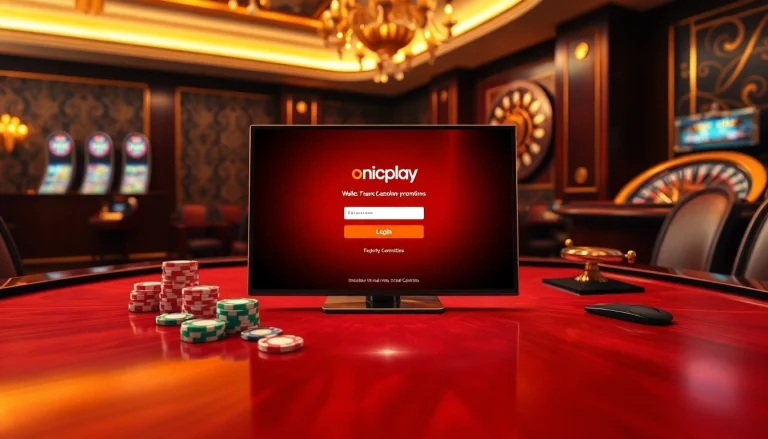 Experience seamless access with Onicplay login at a luxurious casino table, featuring vibrant games and promotional slots.