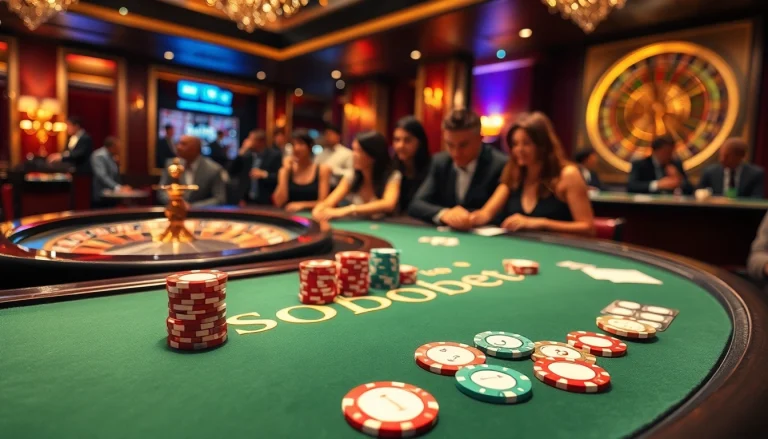 Excited players engaging in sbobet poker with vibrant chips and cards in a luxurious casino setting.